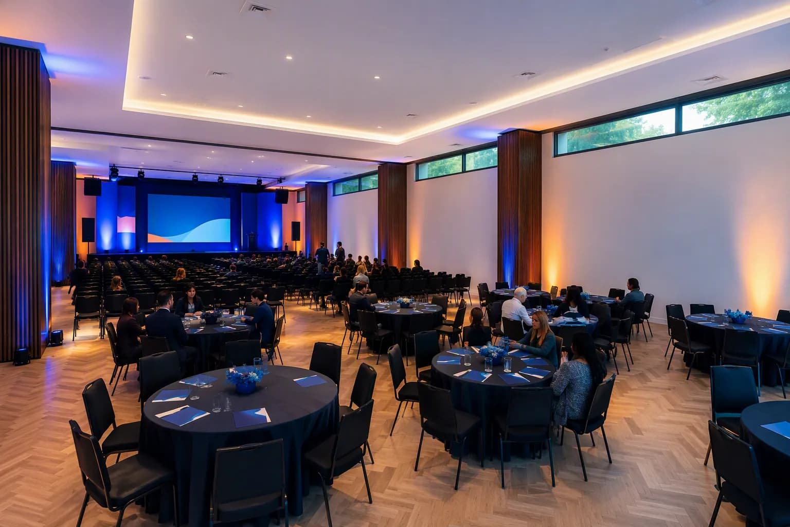 Mesas de trabalho e palco de talks, projeção da feira montada